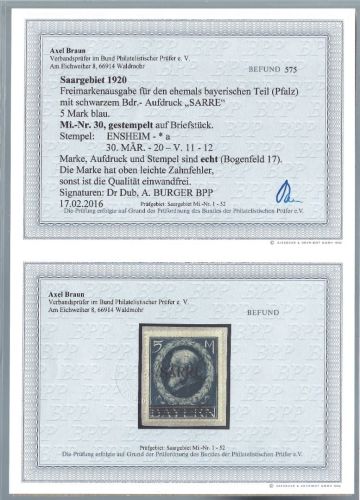 Saargebiet Mi 30 °, ME 1.100, Befund Braun BPP