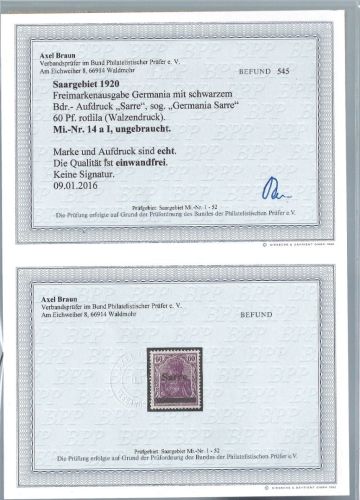 Saargebiet Mi 14 a I * einwandfrei, ME 360€, Befund Braun BPP