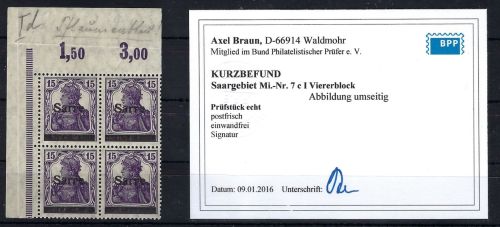 Saargebiet Mi 7 c I ** 4er-Block einwandfrei, ME 200€, KB Braun BPP