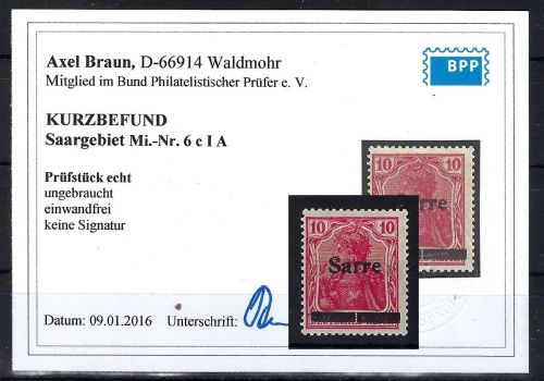 Saargebiet Mi 6 c I A * mit Falzrest, einwandfrei, ME 160€, KB Braun BPP