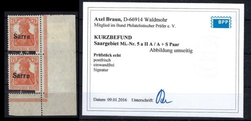 Saargebiet Mi 5 a II A / A + S Paar ** einwandfrei, KB Braun BPP