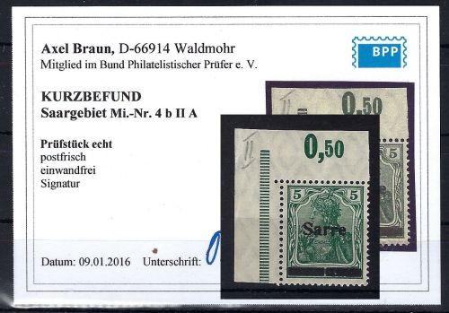 Saargebiet Mi 4 b II A ** Eckrand OL einwandfrei, ME 140€, KB Braun BPP
