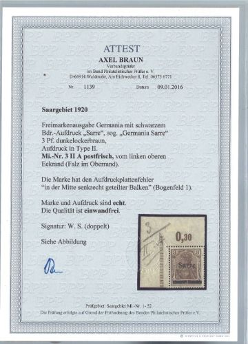 Saargebiet Mi 3 II A ** Eckrand OL einwandfrei, ME 650€, FA Braun BPP