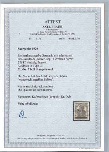 Saargebiet Mi 2 b II B * mit Falz, einwandfrei, ME 2.000€, FA Braun BPP
