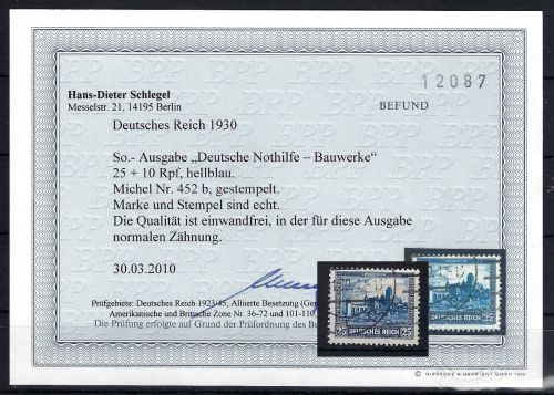 DR Mi 452 b ° einwandfrei, ME 400€, Befund Schlegel BPP