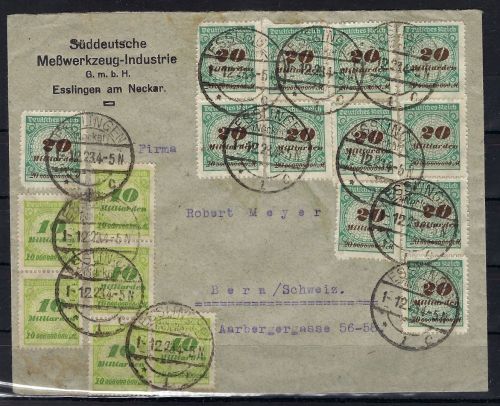 DR Mi 328 AP (6), 329 BP (12), Auslandsbrief Esslingen n. Bern (CH)