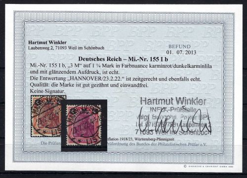 DR Mi 155 I b ° einwandfrei, ME 280€, Befund Winkler BPP
