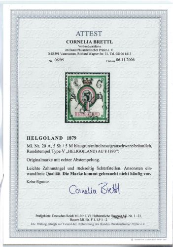 Helgoland Mi 20 A °, ME 1.500€, FA Brettl BPP, GESTEMPELT NICHT HÄUFIG