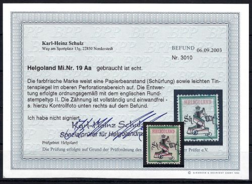 Helgoland Mi 19 Aa °, ME 300€, Befund Schulz BPP, einwandfrei