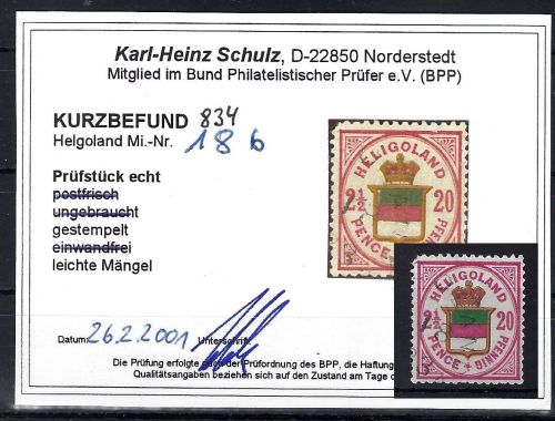 Helgoland Mi 18 b ° , ME 180€, KB Schulz BPP, leichte Mängel