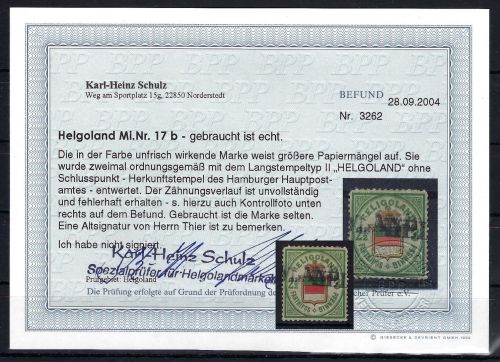 Helgoland Mi 17 b °, ME 1-300€, Befund Schulz BPP, GESTEMPELT SEHR SELTEN !