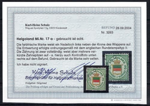 Helgoland Mi 17 a °, ME 2.000€, Befund Schulz BPP, GESTEMPELT SEHR SELTEN !