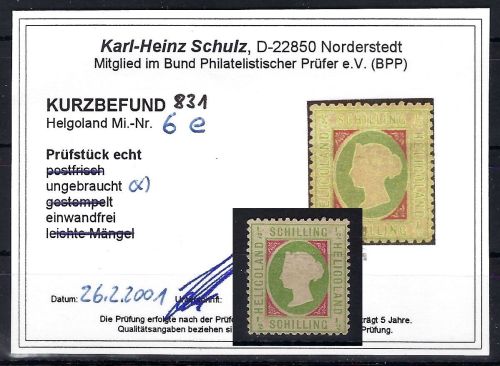 Helgoland Mi 6 e ungebraucht ohne Gummi (*), ME 110€, KB Schulz BPP