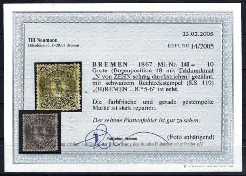 Bremen Mi 14 ° ME 1.800€, mit Befund Neumann BPP, repariert