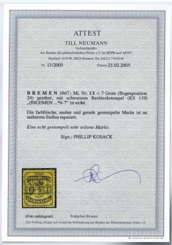 Bremen Mi 13 ° ME 5.500€, mit FA Neumann BPP, teils repariert