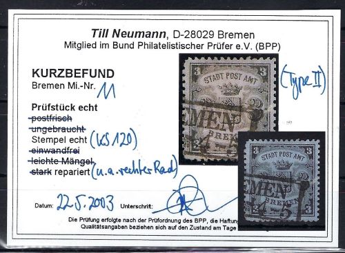 Bremen Mi 11 ° ME 450€, mit KB Neumann BPP, repariert