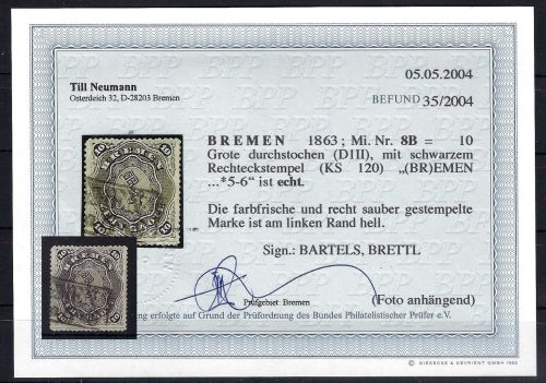 Bremen Mi 8 B ° ME 1.200€, mit Befund Neumann BPP