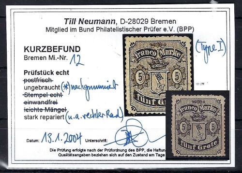 Bremen Mi 12 mit Neugummi, ME 80€, KB Neumann BPP
