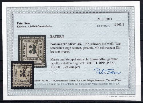 Bayern Portomarke Mi 3X ° einwandfrei, ME 600€, Befund Sem BPP