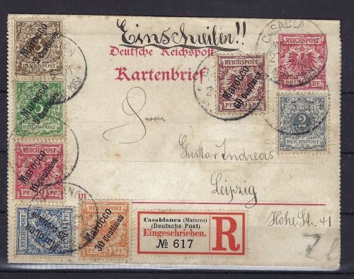 C) DAP Marokko Mi 1-6 auf DR Kartenbrief Casablanca n. Leipzig