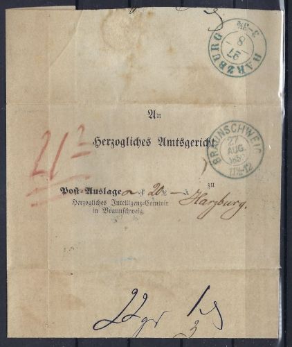 C) Braunschweig, unfrankierter Beleg mit Aufrechnung des Postbeamten