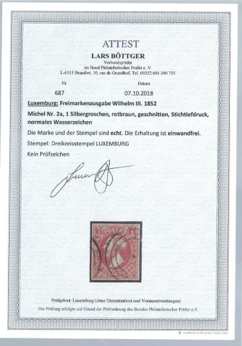 Luxemburg Mi 2 a ° vollrandiges Luxus Stück, ME 600€, FA Böttger BPP