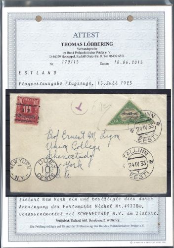 Estland Mi 51 A Auslandsbrief n. New York, Nachgebühr, FA Löbbering