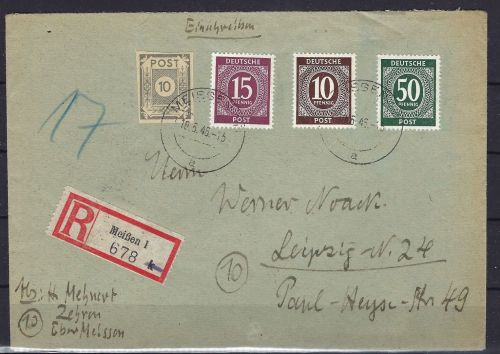 Ost Sachsen Mi 52 ux MiF mit Kontrollrat I, R-Brief Meißen n. Leipzig