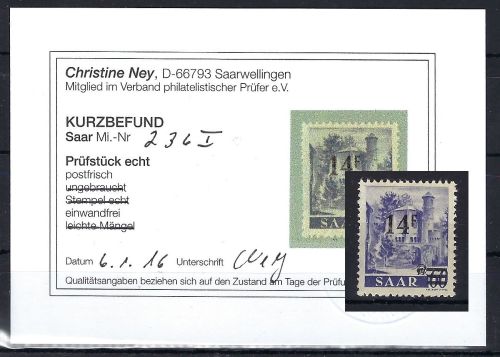 Saarland Mi 236 I ** einwandfrei, Urdruck, ME 220€, KB Ney VP