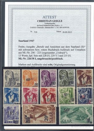 Saarland Mi 226-238 I **/* (232, 236 *, Rest **), ME 3.150€, FA Geiglr BPP