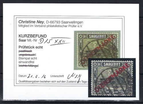 Saargebiet Mi 15 ° mit PF XXII, mit KB Ney VP, einwandfrei