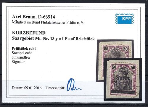 Saargebiet Mi 13 ya I P °. einwandfrei auf Briefstück, KB Braun BPP
