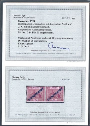 Saargebiet Dienst Typenpaar Mi 14 I / II *, ME 450€, KB Geigle BPP