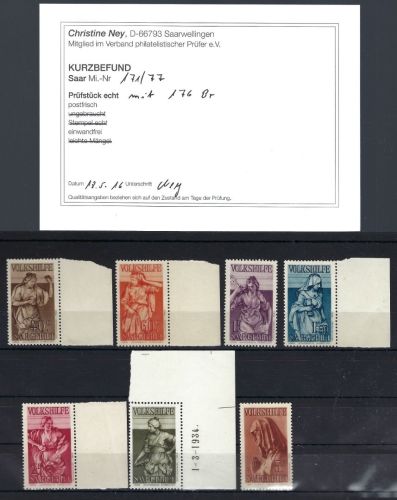 Saargebiet Mi 171-177 ** mit 176 Br, einwandfrei, ME 350€, KB Ney VP