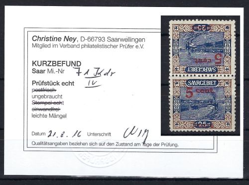 Saargebiet Mi 71 Kdr IV *, ME 120€, KB Ney VP, leichte Mängel