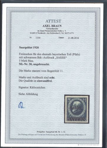 Saargebiet Mi 30 * einwandfrei, ME 1.000€, FA Braun BPP