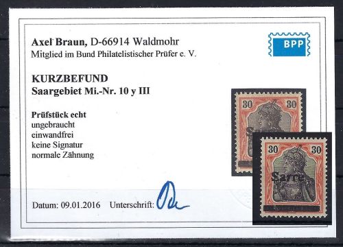 Saargebiet Mi 10 y II ** einwandfrei, ME 260, KB Braun BPP