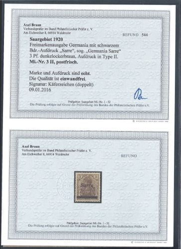 Saargebiet Mi 3 II ** einwandfrei, ME 420¶, Befund Braun BPP