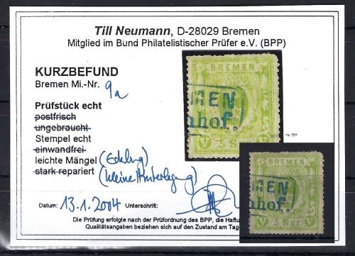 Bremen Mi 9 a °, ME 250€, KB Neumann BPP, Mängel
