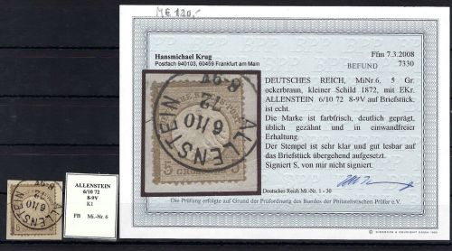 DR Mi 6 mit sauberem K1 Allenstein, Befund Krug BPP, Luxus