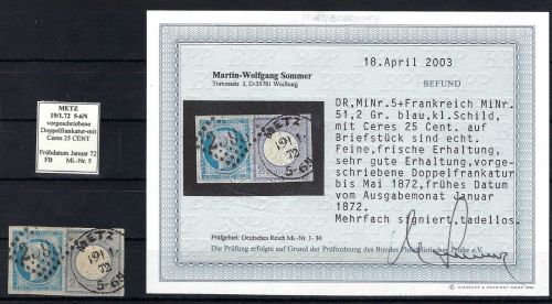DR Mi 5 und Frankreich Mi 51, doppelfrankatur, Befund Sommer BPP, RR