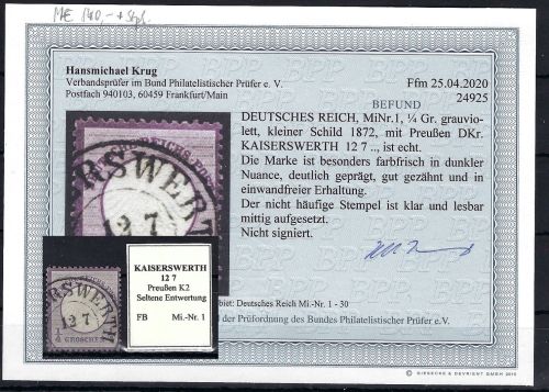 DR Mi 1 ° mit Preußen K2 Kaiserwerth (nicht häufig) einwandfrei