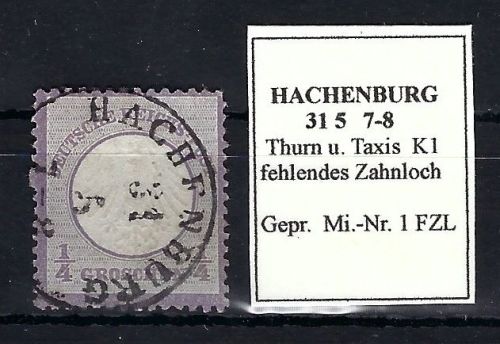 DR Mi 1 FZL ° mit TuT Stemp. Hachenburg, fehlendes Zahnloch