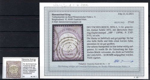 DR Mi 1° dänischer Dreiringst.188 Linie Kiel–Korsør, seltener Stempel!