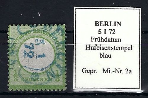 DR Mi 2a ° mit blauem Hufeisenstempel Berlin, Frühdatum