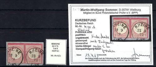 DR Mi 4 Paar auf Briefstück mit NDP Stemp. Rheine, linke Marke mit...
