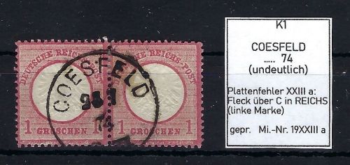 DR Mi 19 Paar, links mit PF XXIIIa, ideal gest. Coesfeld