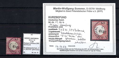 DR Mi 19 mit seltenem Stemp. Nieder-Marseberg, P 1 II Kl. OPD Dortmund