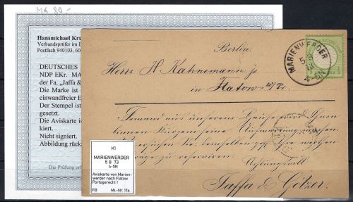 DR Mi 17a auf Aviskarte von Marienwerder n. Flatow, einwandfrei