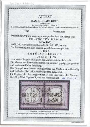 DR Mi 16 Paar LETZTTAGSTEMPEL, einwandfrei, FA Krug BPP